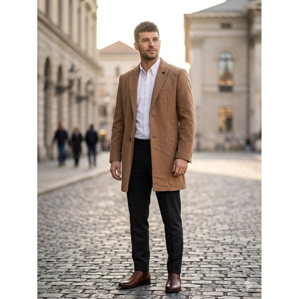 Distorted People Munich Men’s Camel Wool Blend Overcoat Jacket Size M Medium